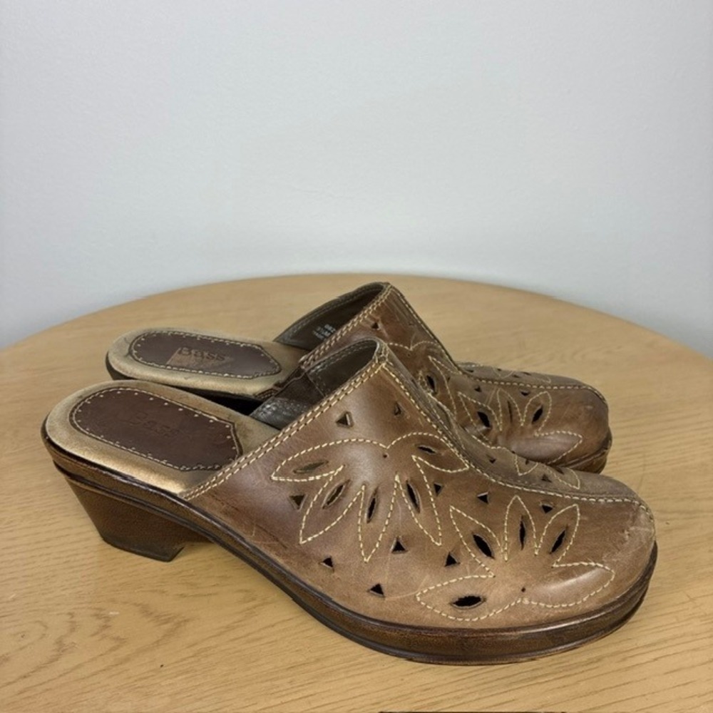 Bass Leather Floral Cutout Heeled Clog Mules Women's 9.5 Boho Fall Comfort Y2K